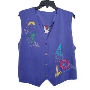 Vintage Purple Geometric Embroidered Vest Button Up Tacky Neon‎ Academia Med